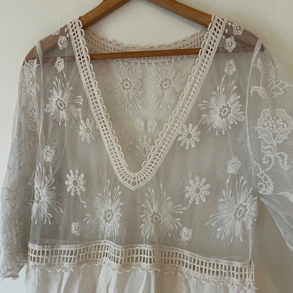 White Floral Lace Crochet Small Beach Cover Up Sheer Boho Mini Dress Festival